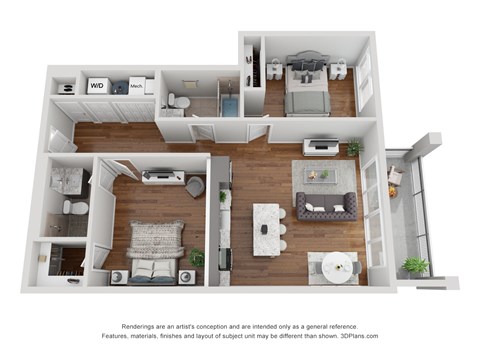 A 3D floor plan of a house with labeled rooms.